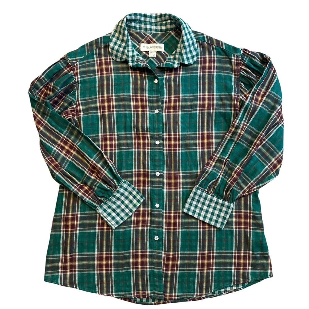 Eliza Faulkner Resort Top XS Green Plaid Gingham Accent Button Up Blouse Canada